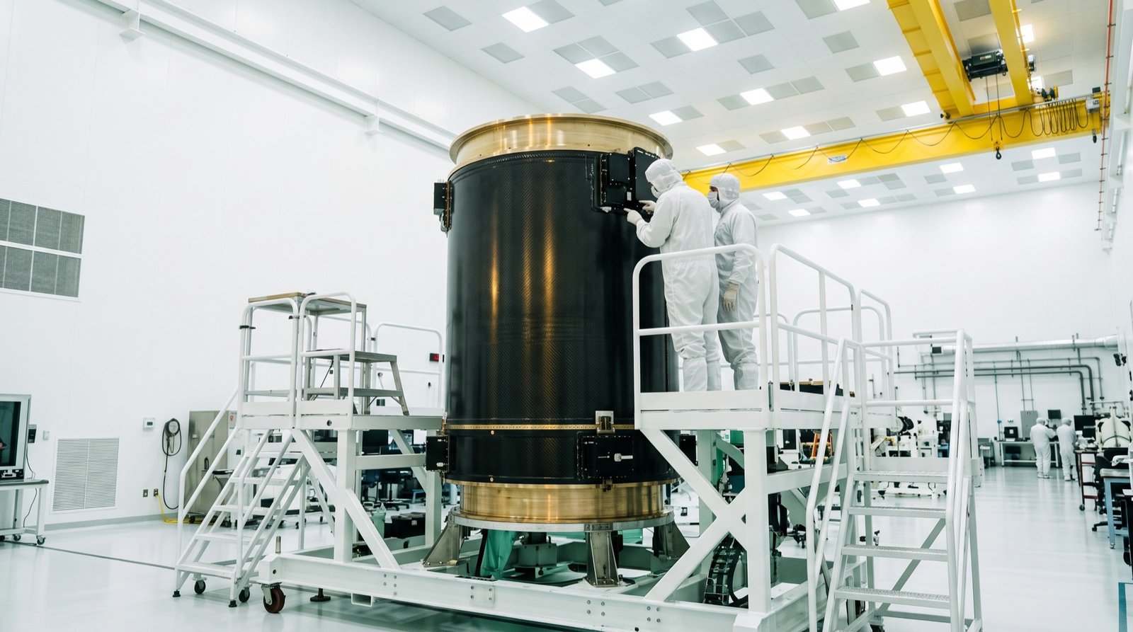 Carbon-fibre satellite structure in a cleanroom