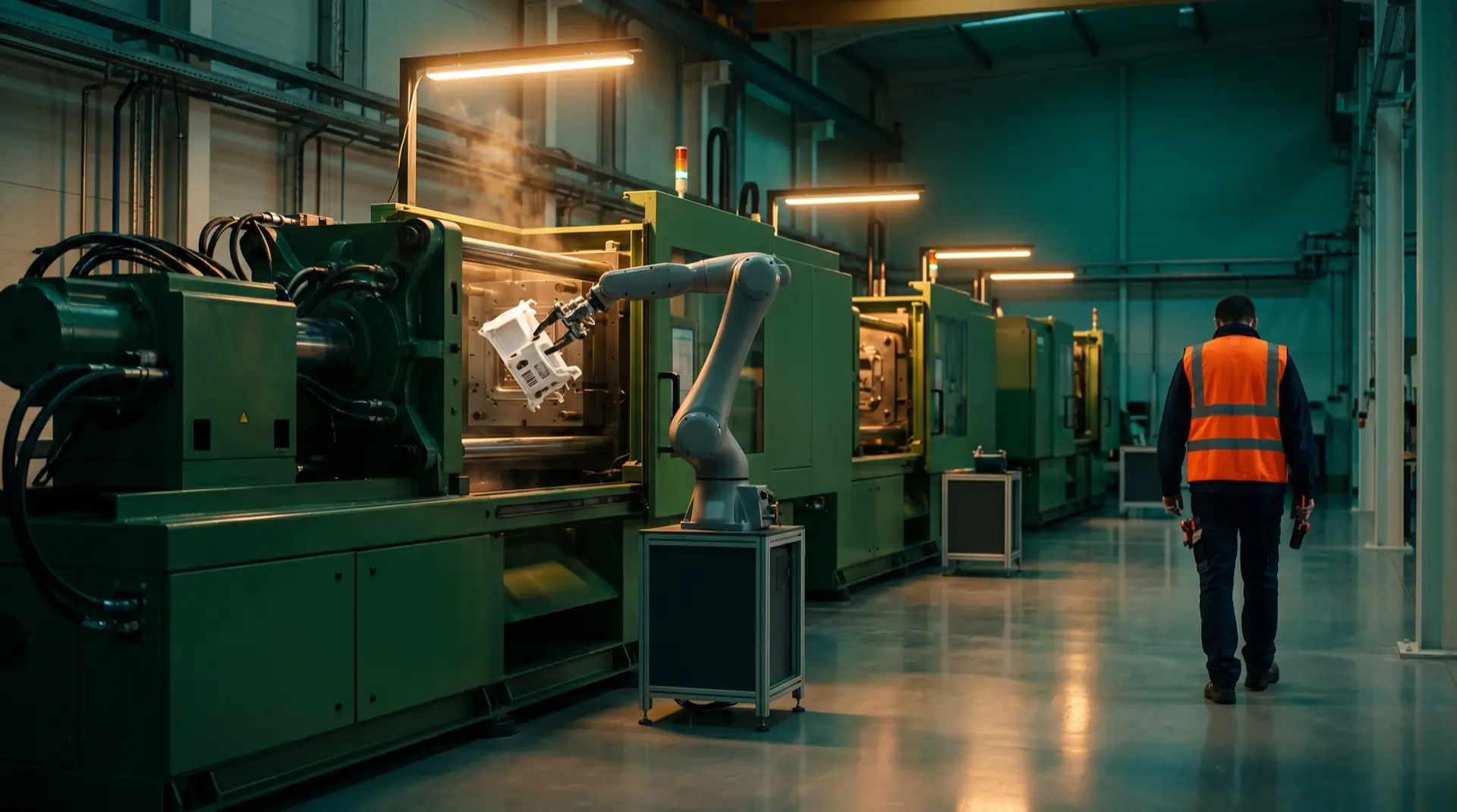 Injection moulding hall with robot cell